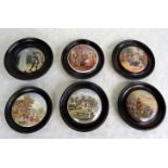Six wooden framed Prattware pot lids, to include examples titled 'The Rivals', 'Hide and Seek',