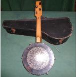 A four string banjo or banjo ukelele in fitted case, 54cm.