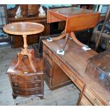 A small serpentine front three drawer chest, together with two yew wood occasional tables.