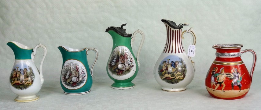 A collection of five Victorian Prattware and other jugs, each typically decorated,