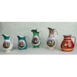 A collection of five Victorian Prattware and other jugs, each typically decorated,