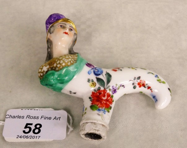 A 19th century Continental porcelain walking cane/parasol handle, possibly Meissen,