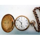 A 9ct gold cased full hunter pocket watch, to a yellow metal box link chain, signed Omega,