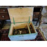 A mid-20th century pine box, stamped GPO, containing a small quantity of tools, 74cm wide.