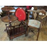 A walnut corner armchair, together with a two tier circular table on tripod base,