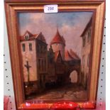 Twentieth century Continental school, a street scene, oil on canvas, 30cm x 21cm, in a gilt frame.