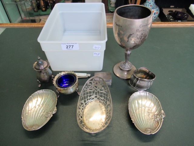 A silver pedestal goblet, together with a pair of silver pin dishes, napkin ring, cruets,