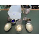A silver pedestal goblet, together with a pair of silver pin dishes, napkin ring, cruets,