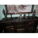 A mixed lot to include an ebonised hardwood cased set of opium scales, a pair of spelter figurines,