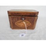 A walnut veneered and inlaid tea caddy, having twin internal compartments, 18.5cm wide.