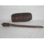 A tribal hardwood club, set with iron studs to the head, 71cm,