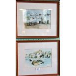 After Julio Amaro, two prints, Algarve scenes, each 18cm x 26cm, glazed in wooden frames.