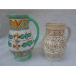 Two 1940s HJ Wood Bursleyware jugs designed by Charlotte Rhead, in the TL2 and TL14 patterns,