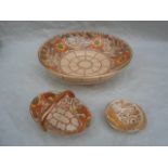 Three 1940s HJ Wood Bursleyware items designed by Charlotte Rhead, in the TL3 pattern,