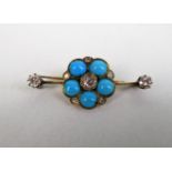 A diamond and turquoise bar brooch, the central foliate cluster with turquoise and old cut diamonds,