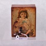 A late Victorian wooden cased wind-up musical box, having printed decoration to top,