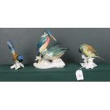 Three Karl Ens bird figure groups, to include one modelled as a pair of Kingfishers 15cm.