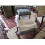 An Edwardian mahogany and inlaid salon chair, together with matching footstool and curtains,