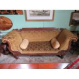 A Victorian double scroll end upholstered settee, 215cm wide.