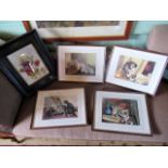 Four framed and glazed prints, each of cats, together with a still life study of flowers, prints,