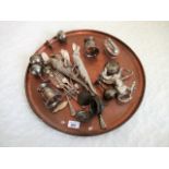 A large circular copper tray, together with a quantity of silver plated items,