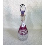 A cut and coloured glass decanter and stopper, the silver collar bearing London hallmarks, 1974.
