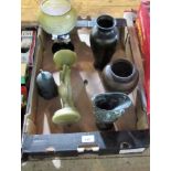 A mixed lot to include: Japanese bronze vases, a Bohemian style glass table centre,