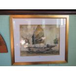 Twentieth century Continental school, a sailing ship with crew, abstract watercolour,