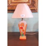 An Art Deco style hand painted table lamp and shade, 43cm.