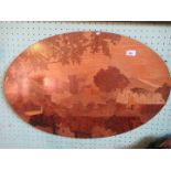 An early 20th century oval marquetry inlaid panel, 76cm wide.