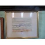 Grand Plage 'Rough Sea in Mist, Portugal 1969', watercolour, 27cm x 38cm, glazed in a gilt frame.