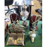 A brass desk stand with twin glass inkwells, together with a pair of book ends,