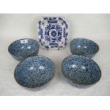 A Chinese square dish, having underglaze blue foliate decoration, printed seal mark to base, 20cm²,