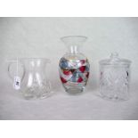 A cut glass small jug and covered jar, together with a contemporary glass baluster vase,