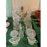 A mixed quantity of 19th century and later glassware, to include: decanters, a clear glass oil lamp,