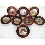 Eight wooden framed Pratt Ware pot lids, to include examples titled: War, The Trooper,