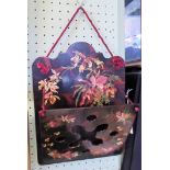 An Edwardian florally painted papier mache wall mounting letter holder,
