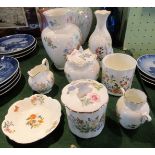 Eight pieces of Aynsley bone china, including: lidded pot, vases, jug, cylindrical pot and pin dish,