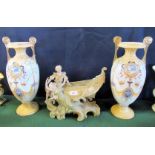 A pair of Edwardian Crown Pottery vases of Etruscan form, together with a Royal Dux-type jardiniere,