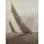 A CONTEMPORARY SEPIA PRINT BY BEKEN & SON, COWES OF SHAMROCK AND WHITE HEATHER RACING
