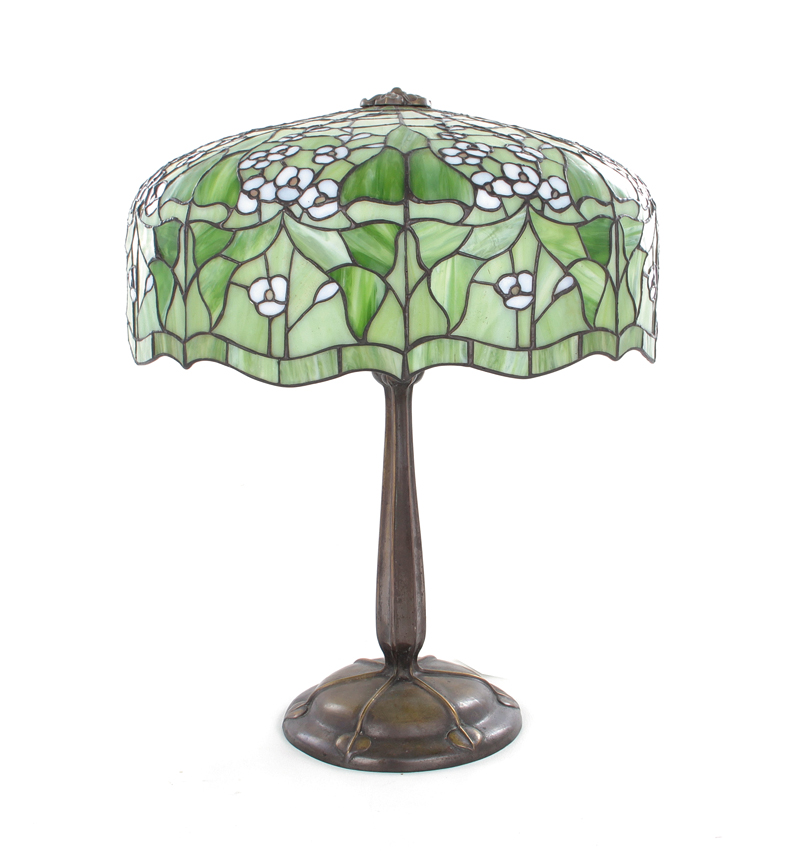 American bronze table lamp with leaded glass shade, possibly Gorham first half 20th century, dogwood