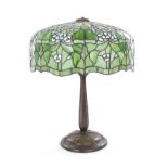 American bronze table lamp with leaded glass shade, possibly Gorham first half 20th century, dogwood