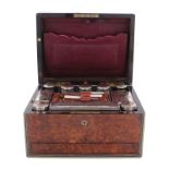 English brass-bound burl walnut dressing case, Bramah 19th century, gilded leather, fitted