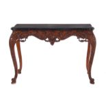 Continental style carved walnut & marble console table, Maitland Smith H33" W48" D23" Provenance: