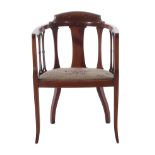 Edwardian inlaid mahogany armchair circa 1900, BH31" SH16" W21 1/2" D18"