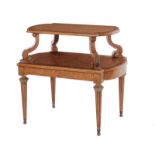 Regency style inlaid burl walnut two-tier table, Henredon H30" W34 1/2" D22" Provenance: South