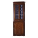 English oak corner cupboard circa 1790, canted crown, glazed doors over drawer, fluted pilasters,