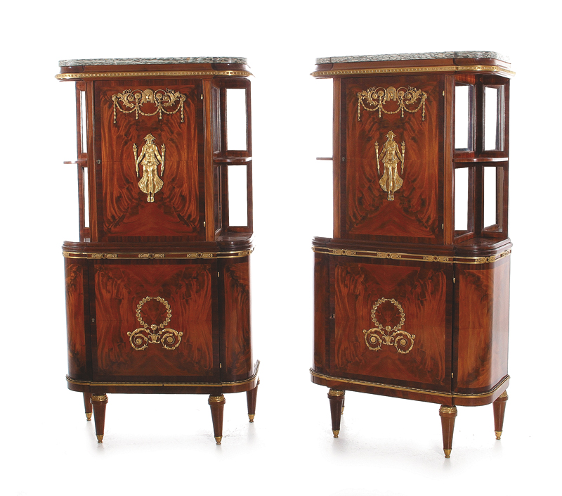 Fine pair French or Russian bronze-mounted mahogany cabinets late 19th/early 20th century, green-