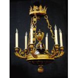 French Empire parcel-gilt bronze six-light chandelier 19th century, pierced leaf crown, mask-head