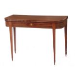 Hepplewhite inlaid mahogany games table circa 1800, D-shape foldover top, drawer, tapered legs,